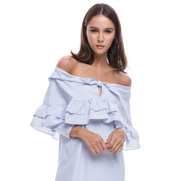 English Factory Off the Shoulder Ruffle Mini Dress || SZ S || Powder Blue - Picture 3 of 14